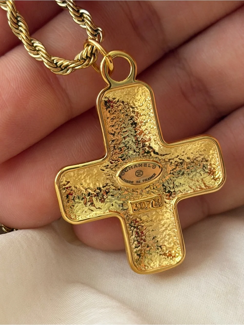 Gold Chanel Cross CC Pendant Necklace with Pearl Center